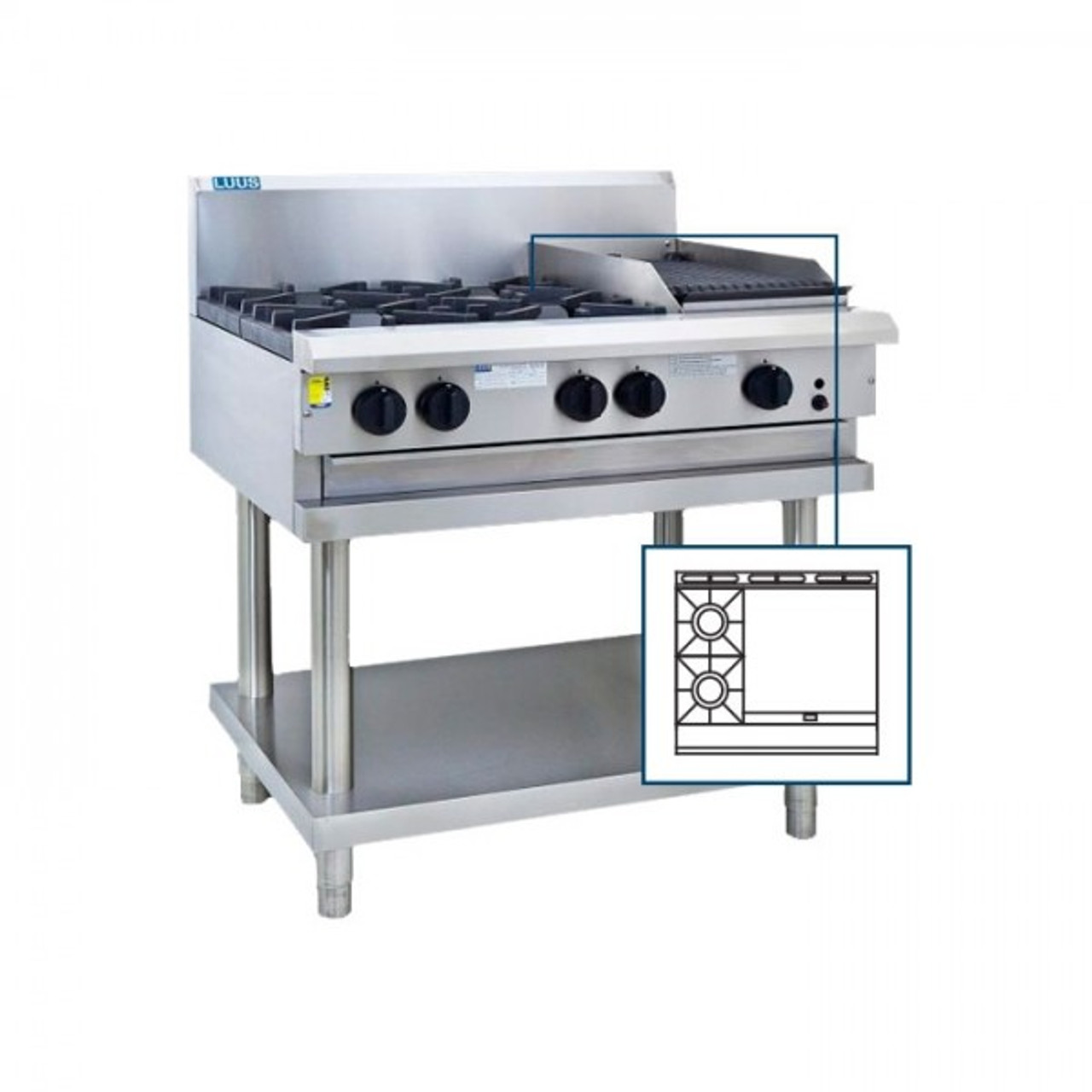 Luus CS-2B6P 2 Burner 600mm Griddle Cooktop with flame failure, legs & shelf