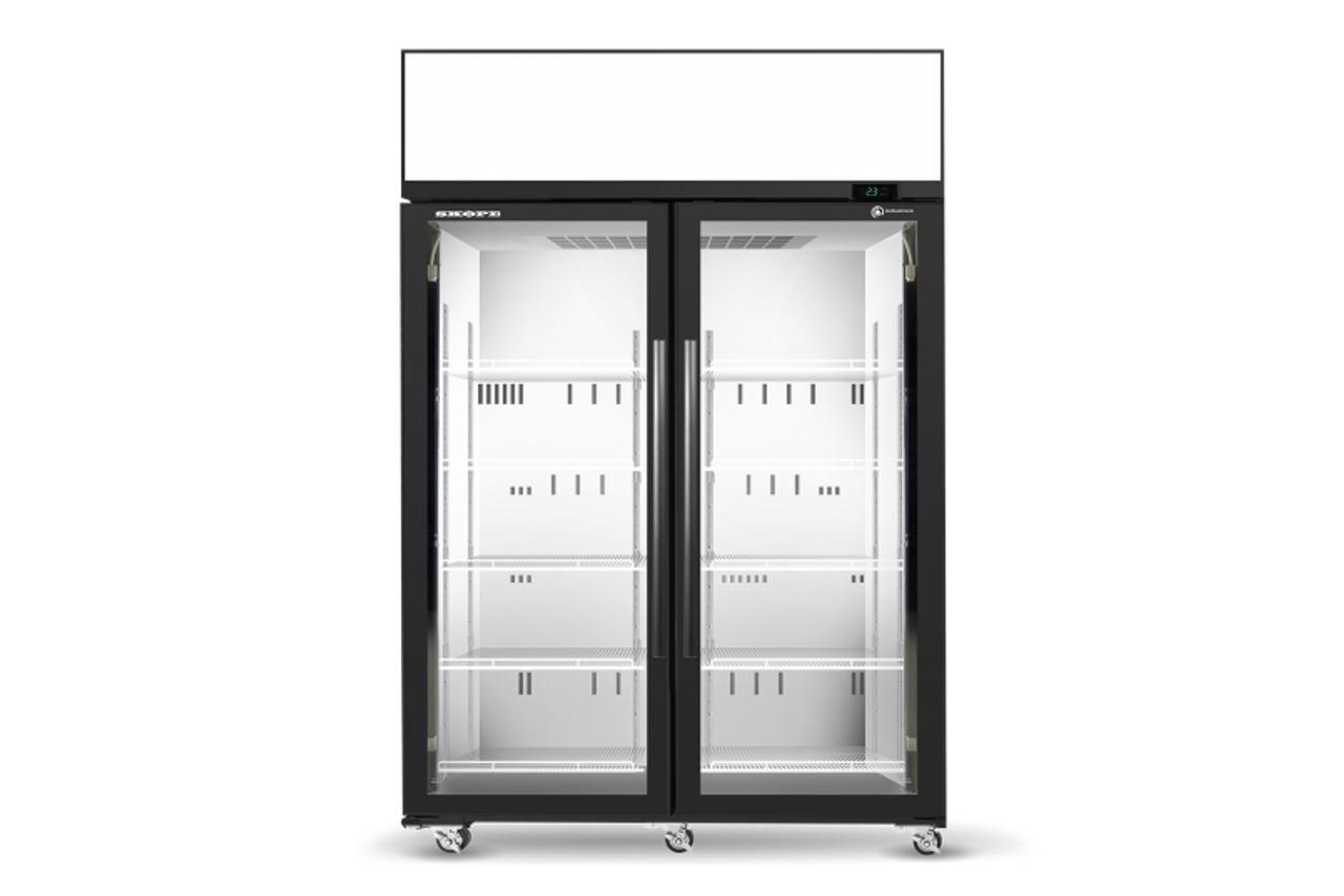 SKT1300N-AC 2 Glass Door Display or Storage Fridge, Lit Sign - Stainless Steel