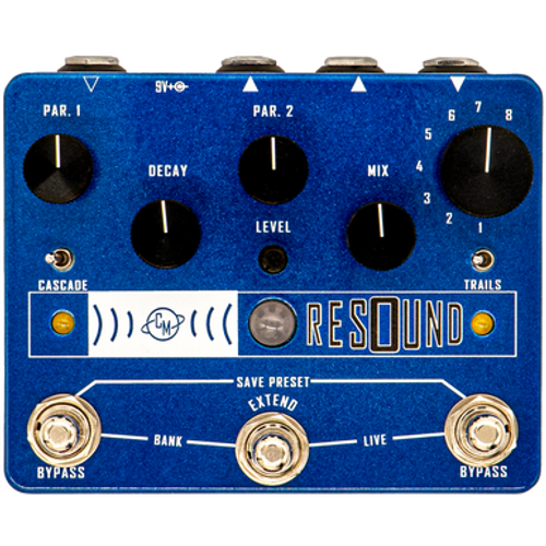 Cusack Resound face of pedal, three footswitches, extend switch, 8 programs, digital presets, blue reverb pedal