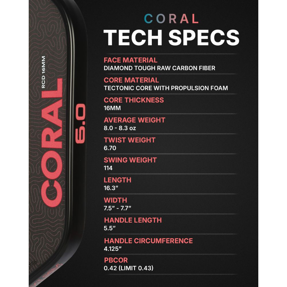 Six Zero Coral 16mm Hybrid Pickleball Paddle