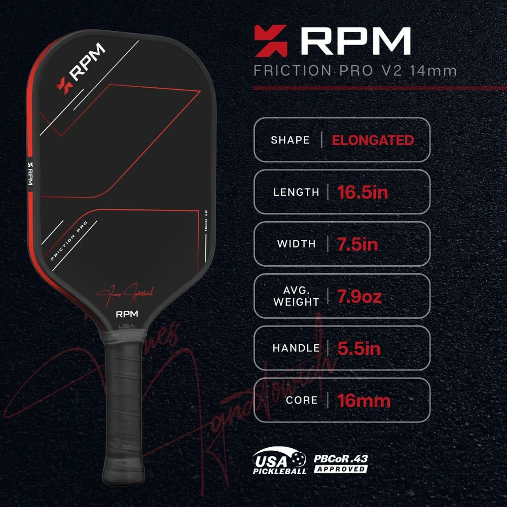 RPM Friction Pro Elongated V2 Carbon Fiber Pickleball Paddle 