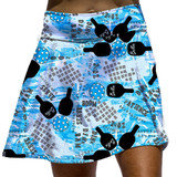 Pickleball Bella Graffiti 2 A-Line Skort  featuring a design of pickleballs and paddles along with related phrases in shades of blue, gray, black and blue.