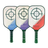 The Encore MX Elongated Paddle by Engage Pickleball is offered in blue, purple, and red color options, as well as two weight options per color.