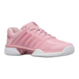 Coral Blush/White/Metallic Rose Express Light Pickleball Shoe for women. Featuring a light pink design with white midsole and pink stripes on the outer side