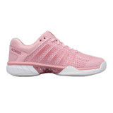 K-Swiss Express Light Pickleball Shoe available in women's sizes 5.5 to 11. Shown in color Coral Blush/White/Metallic Rose