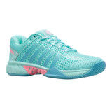 K-Swiss Women's Express Light Pickleball Shoe available in sizes 5.5 to 11. Color option Aruba Blue/Maui Blue/Soft Neon Pink