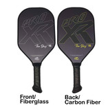 ProXR "The Story" 16 Pickleball Paddle highlights a forehand fiberglass face and backhand carbon fiber face. Black background with large ProXR logos on each side, white outline and details on the fiberglass side, with yellow outline on the backhand side.