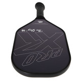 ProXR "The Story" 16 Pickleball Paddle highlights a forehand fiberglass face and backhand carbon fiber face. Black background with large ProXR logos on each side, white outline and details on the fiberglass side, with yellow outline on the backhand side.