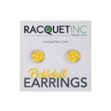 Round Pickleball Earrings in yellow are flat to sit flush against the ear, with alloy plating, a post back, and are 100% nickel-free and non-toxic.