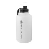 64 ounce Selkirk Premium Water Bottle is double-walled, stainless steel, featuring the Selkirk name and logo in silver down the side. Available in Black, Red, or White with plastic screw cap top.