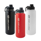 40 ounce Selkirk Premium Water Bottle is double-walled, stainless steel, featuring the Selkirk name and logo down the side. Available in Black, Red, or White with plastic screw cap top.