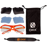 ONIX Eagle Eyewear with red frames, includes 3 colors of interchangeable lenses in clear, blue, and smoke tint.