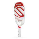 The Selkirk VANGUARD Power Air Invikta Paddle is available in white, with your choice of red or black accent color options, and one weight. Features aerodynamic opening in the throat, and Selkirk logo and model name across the textured paddle face.