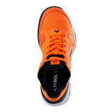 Top view of the Orange/Black Tyrol Drive V Shoe featuring an orange mesh upper and laces and black interior