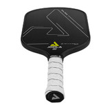 Bottom angle of a Gently Used Solaire CFS 14 Swift Pickleball Paddle by JOOLA. White brand logo shown on base of paddle grip.