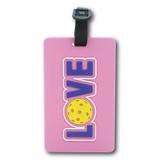 Pickleball luggage tag available in 6 designs including pickelballs, paddle, LOVE, dink, Smash, or Volley