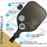 Titan Pro LX Paddle features the PROLITE Hyperweave tri-layered face material, broad hitting surface, and premium performance from its premium materials. Available in two color options, gold or silver.