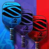 Selkirk AMPED S2 X5 FiberFlex Paddle 2021 Edition shown in Sapphire Blue, Amethyst Purple, and Selkirk Red