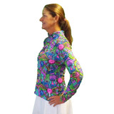 Side view of the multi-colored Groovy Sports 1/4 Zip Shirt by Pickleball Bella. Sizes S-XL