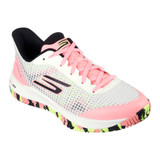 Angled front view of the Skechers Viper Court Pro Men's Shoe in color option White/Multi