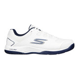 Skechers Viper Court Men's Extra Wide Shoe. Shown in white and navy color. Available in sizes 7 - 14.