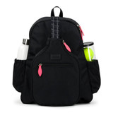 Front view of the Ame and Lulu Pickleball Time Backpack with nylon construction and adjustable straps shown in Black/Coral.