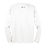 White long sleeve Silver Foil Pickle Unisex Performance Tee by jojo + lo Pickleball. Back view.