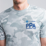 Close up of PPA Sport-Tek CamoHex Polo logo in the color white.