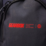Close up of red Gearbox Core Pickleball Backpack logo.
