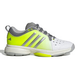 Anterior view of the adidas Pickleball Court Women's Shoe in white, silver, and lucid lemon.