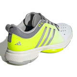 Heel view of the adidas Pickleball Court Women's Shoe in white, silver, and lucid lemon.