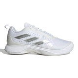 Anterior side view of the Adidas Avacourt Women's Pickleball Shoe shown in White/Silver color option.