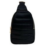 Front view of ah.dorned Eliza Quilted Puffy Sling Bag with out the strap in the color Black.