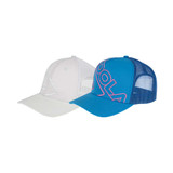 View of JOOLA Trucker Hat color options side-by-side (White, Blue)