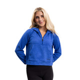 Front view of model wearing the Women's erne The Malibu Cropped Hooded Pullover in the color PPA Blue.