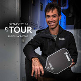 Lifestyle image of top male pro player JW Johnson holding the Franklin FS Tour Dynasty 14mm Carbon Fiber Pickleball Paddle