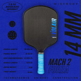 Infographic of Volair Mach 2 Forza 14mm Carbon Fiber Pickleball Paddle displaying technical specifications.