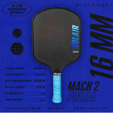Infographic of Volair Mach 2 Forza Carbon Fiber 16mm Pickleball Paddle displaying technical specifications.