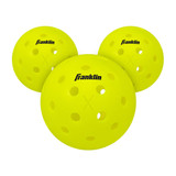 View of 3-pack Optic Franklin X-40 Performance Outdoor Pickleballs out of packaging.