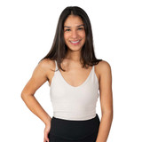 Front view of the Women's erne The Florence Ribbed Tank Bra Top in the color Tan.