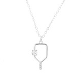 View of the Born to Rally Serve and Sparkle Pickleball Necklace in Silver.