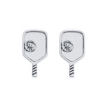 View of the Silver Born to Rally Pickleball Paddle Stud Earrings.