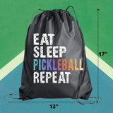 Born to Rally Pickleball Drawstring Bag Sizing guide infographic.