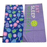 View of the Born to Rally Eat Sleep Pickleball Microfiber Towel both sides.