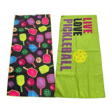 View of both sides of the Born to Rally Live Love Pickleball Microfiber Towel.