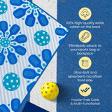 Infographic of the Born to Rally Pickleball Microfiber and Cotton Towel detailing its features. (Blue Flower)