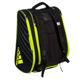 The adidas ProTour Racket Bag features a  black polyester body with contrasting accents along the sides with a bright yellow adidas logo. Adjustable shoulder straps with a variety of compartments.