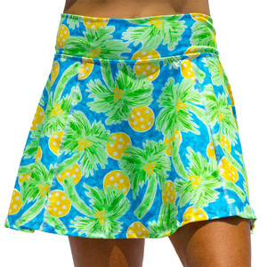 Pickleball Bella Palms 1 A-Line Skort  featuring a bright tropical pattern in shades of green, blue and yellow.