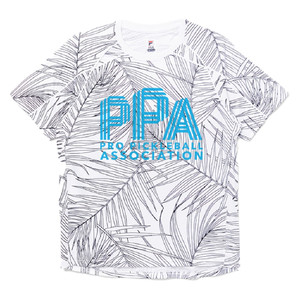 Men's FILA Palm Print Shirt with crew neck and palm frond print has a white background, and features a large Pro Pickleball Association "PPA" logo in bright teal at the center.