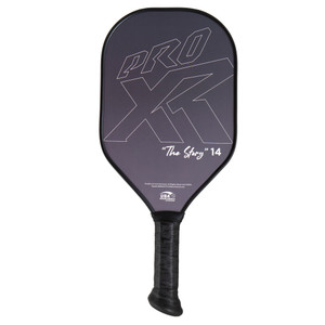 ProXR "The Story" 14 Pickleball Paddle has a forehand fiberglass face and backhand carbon fiber face. Black background with large ProXR logos on each side, white outline and details on the fiberglass side, with yellow outline on the backhand side.